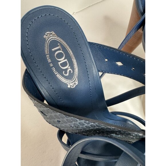 Tod’s Blue 4” Heel Leather Ankle Strappy Tie Sandal 38 Size 8 MINT - Picture 6 of 11